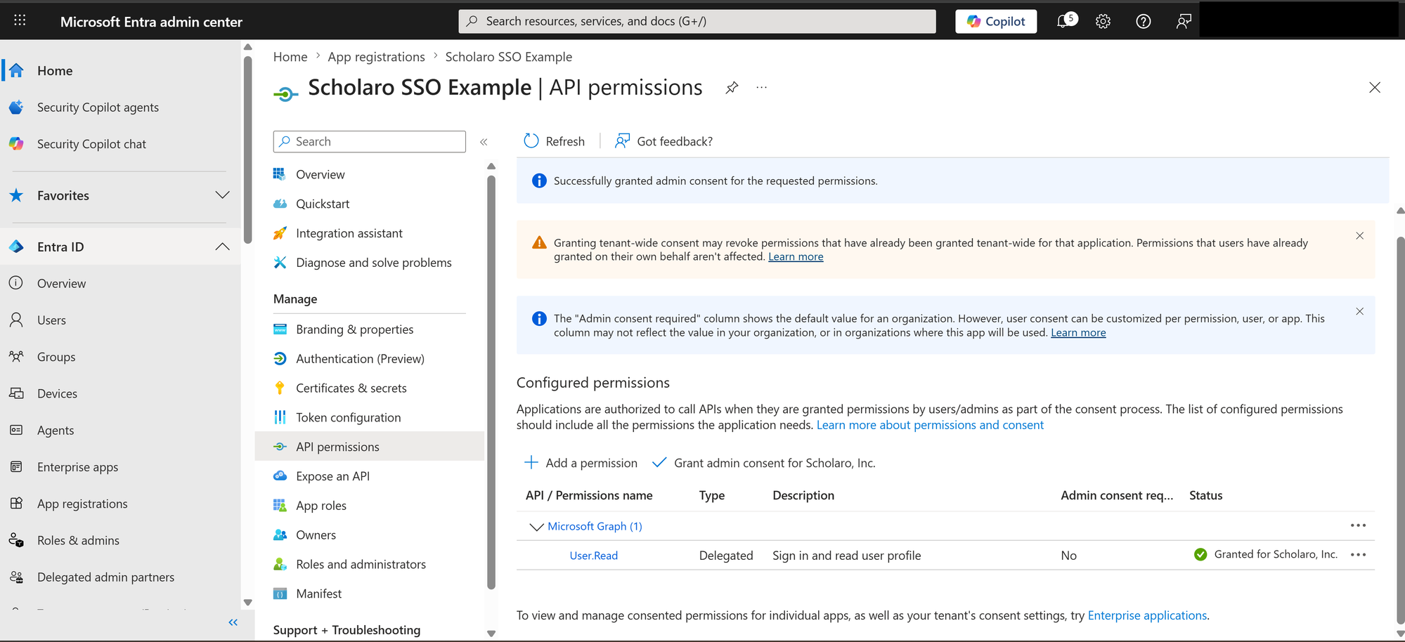 API permissions with admin consent granted