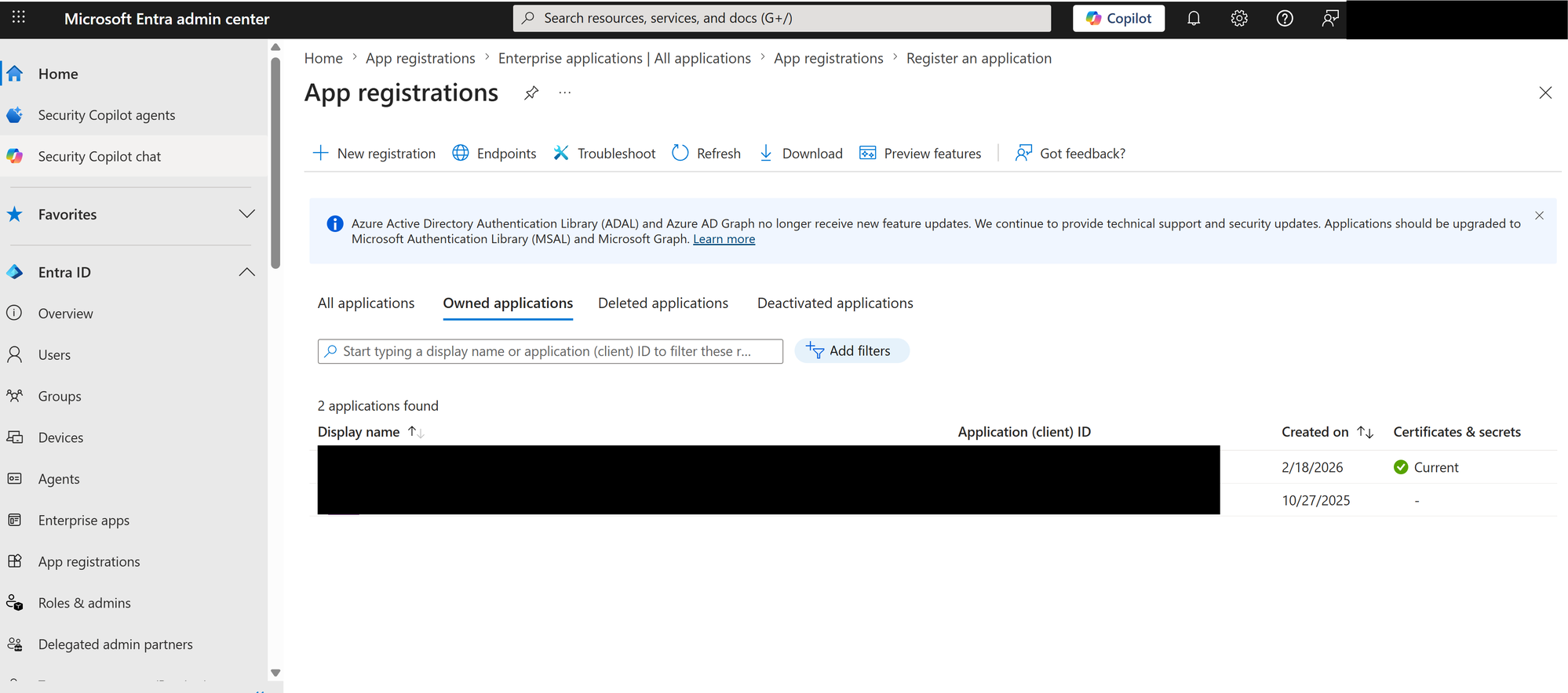 Entra ID App registrations page