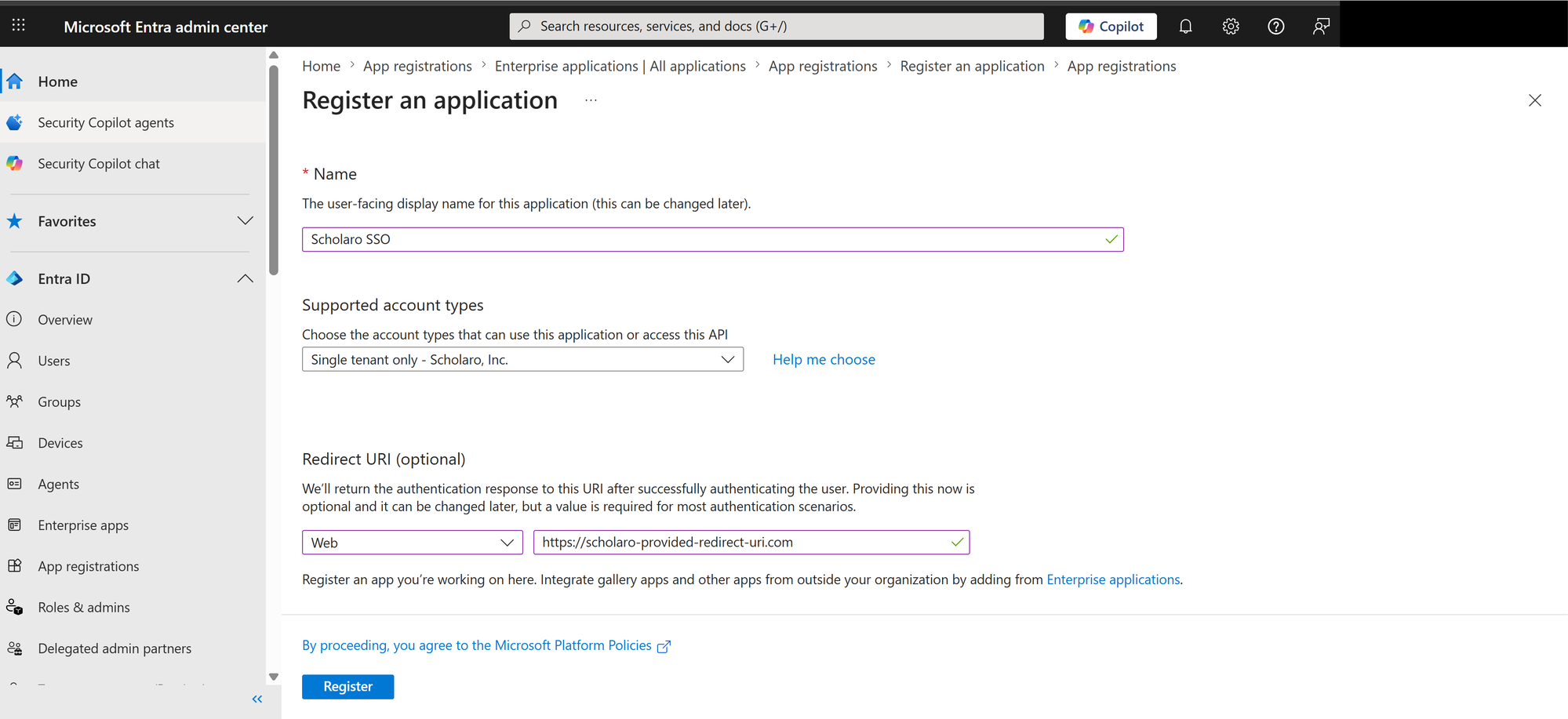Register an application form