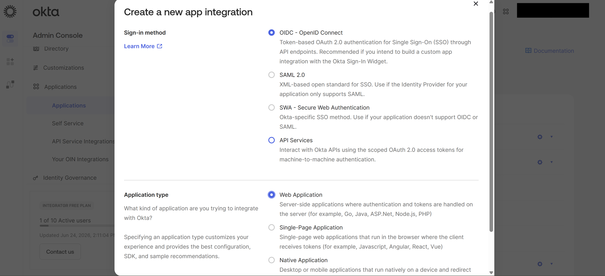 Create a new app integration